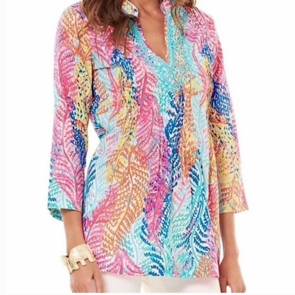 Lilly Pulitzer Sarasota Beaded Tunic Top Electric Feel Cameo Sz S - Picture 2 of 16